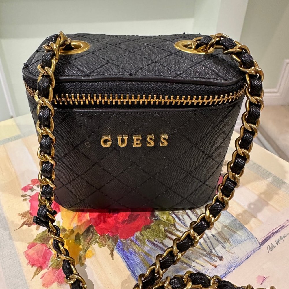 GUESS Mini Purse - Black, quilted with woven chain strap